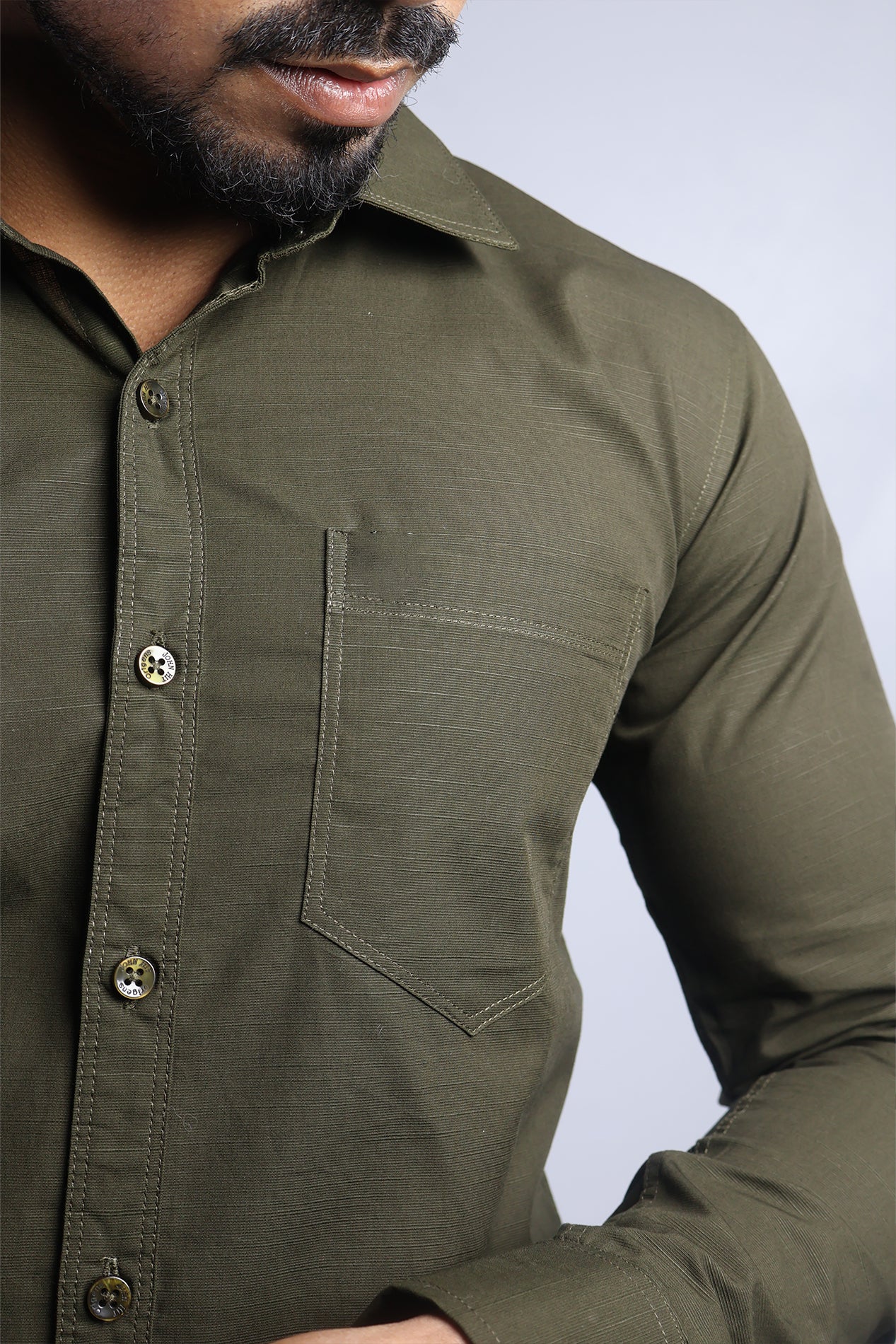LIN  S MEHANDI GREEN | SLIM FIT PREMIUM POLO NECK CASUAL SHIRT | ORIGENS