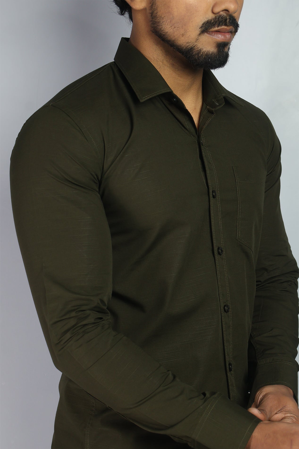 LIN  S MEHANDI GREEN | SLIM FIT PREMIUM POLO NECK CASUAL SHIRT | ORIGENS