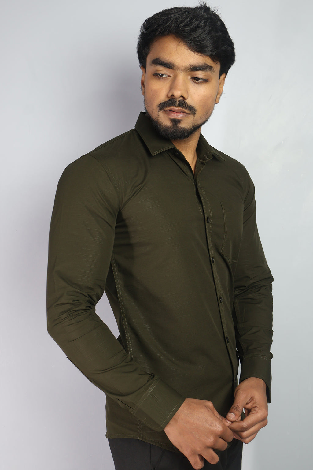 LIN MEHANDI GREEN | SLIM FIT PREMIUM POLO NECK CASUAL SHIRT | ORIGENS