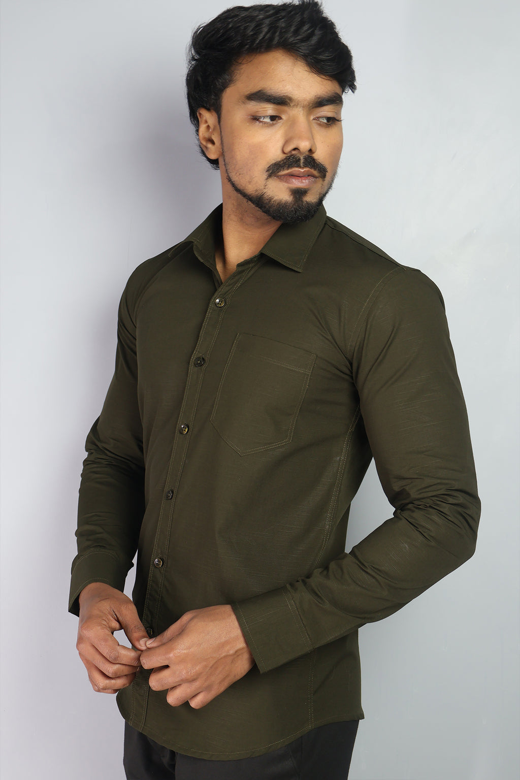 LIN  S MEHANDI GREEN | SLIM FIT PREMIUM POLO NECK CASUAL SHIRT | ORIGENS