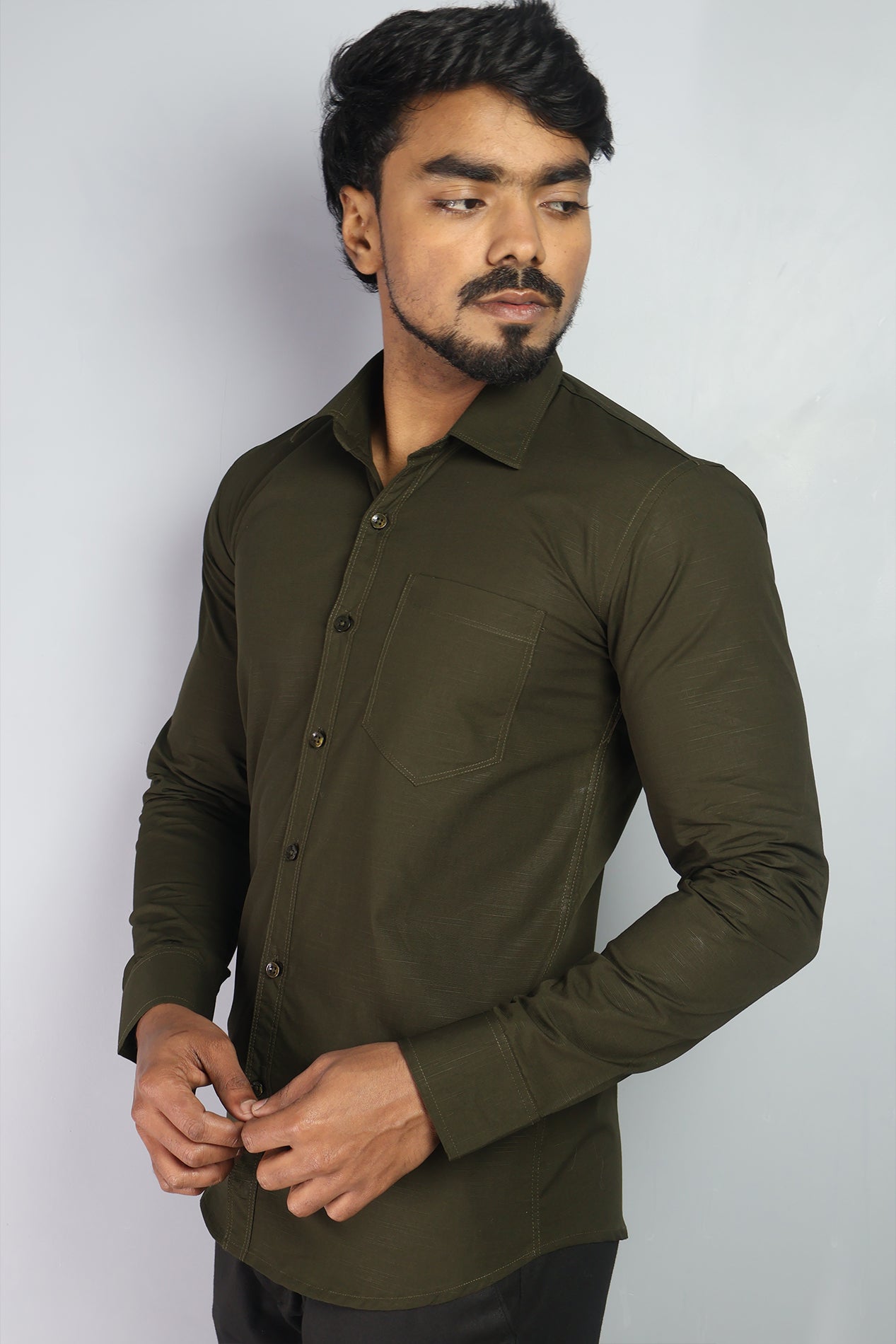 LIN  S MEHANDI GREEN | SLIM FIT PREMIUM POLO NECK CASUAL SHIRT | ORIGENS
