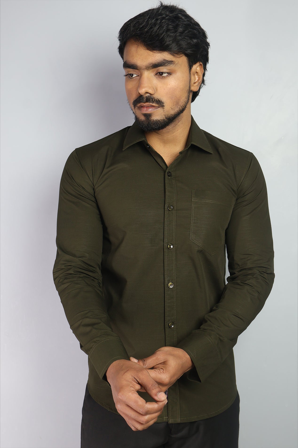 LIN MEHANDI GREEN | SLIM FIT PREMIUM POLO NECK CASUAL SHIRT | ORIGENS