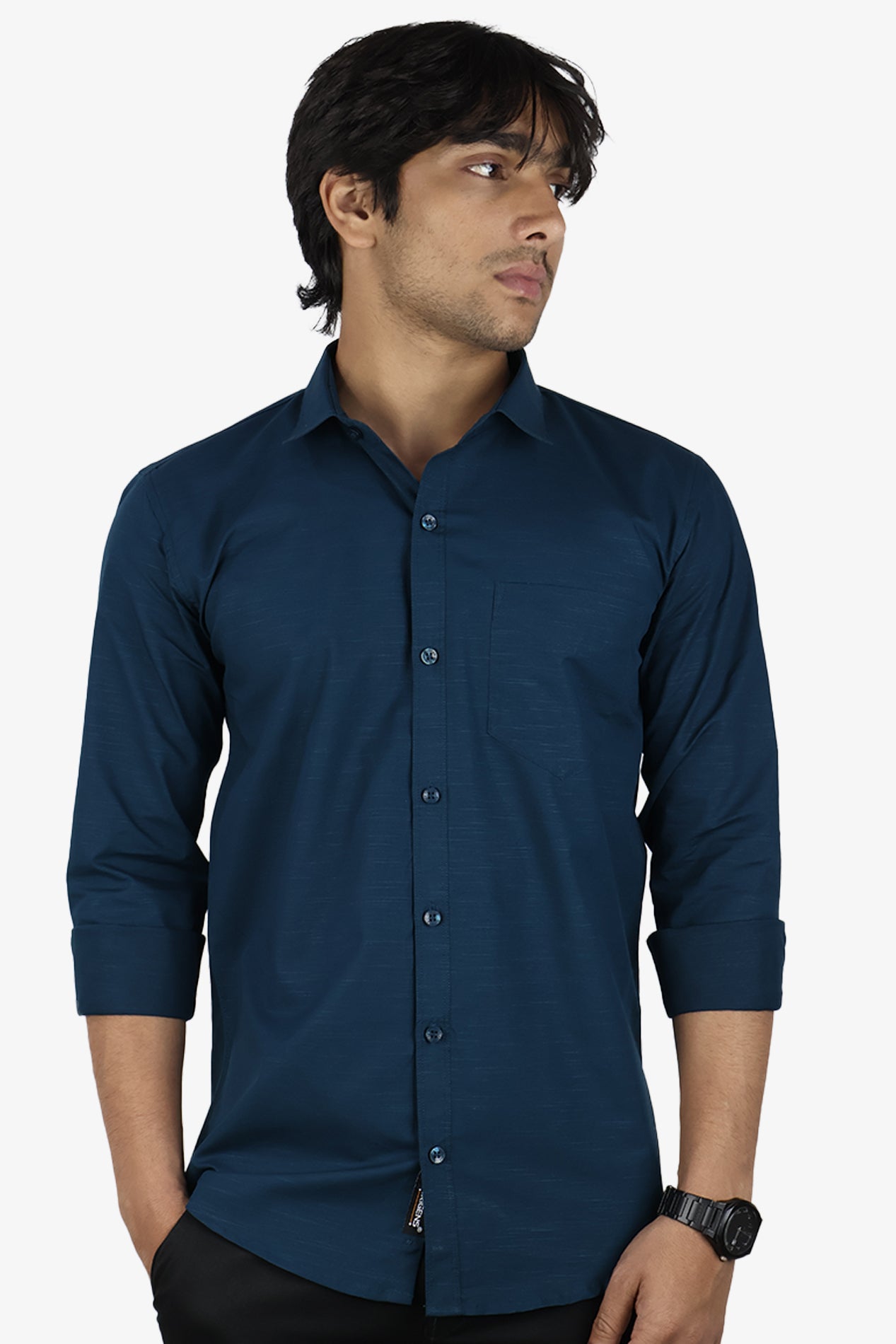 LIN DARK PEACOCK BLUE | SLIM FIT PREMIUM POLO NECK CASUAL SHIRT | ORIGENS