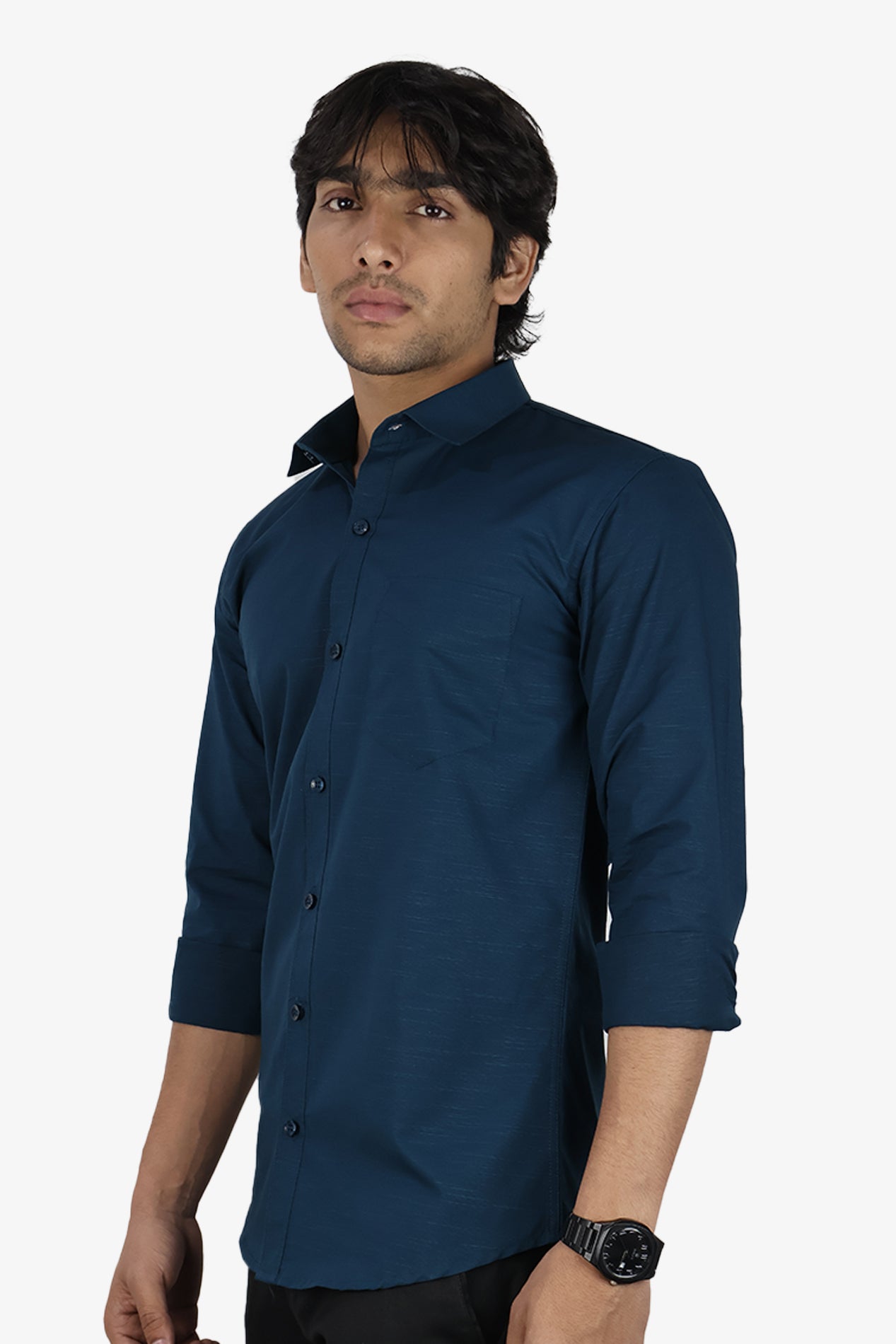 LIN DARK PEACOCK BLUE | SLIM FIT PREMIUM POLO NECK CASUAL SHIRT | ORIGENS