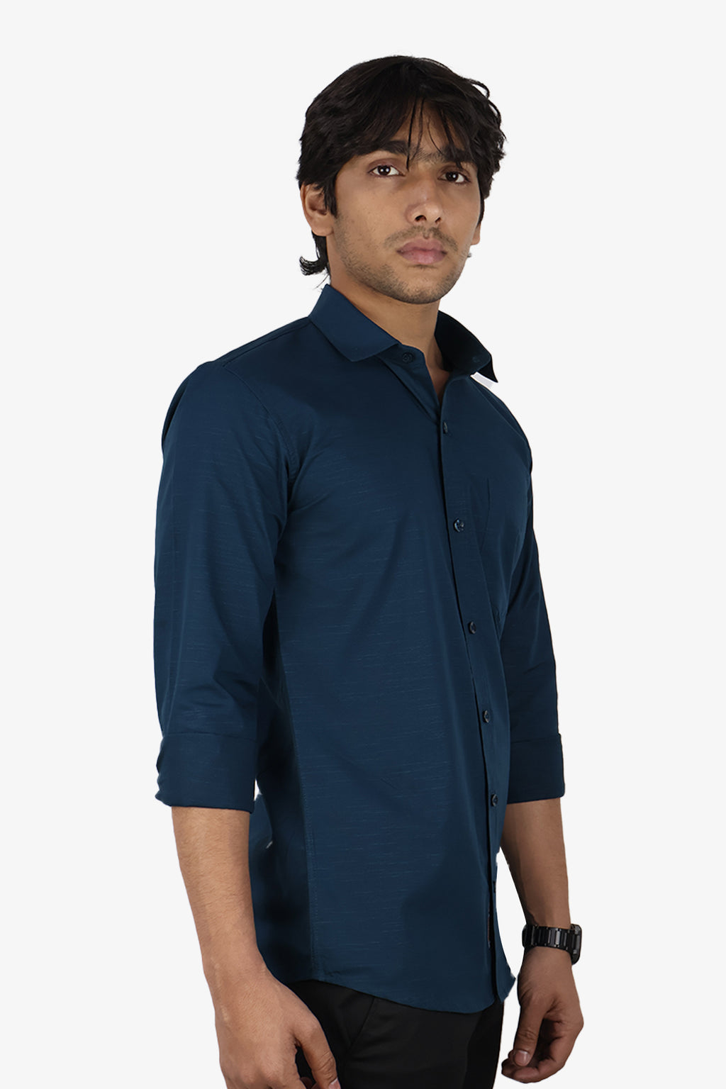 LIN DARK PEACOCK BLUE | SLIM FIT PREMIUM POLO NECK CASUAL SHIRT | ORIGENS