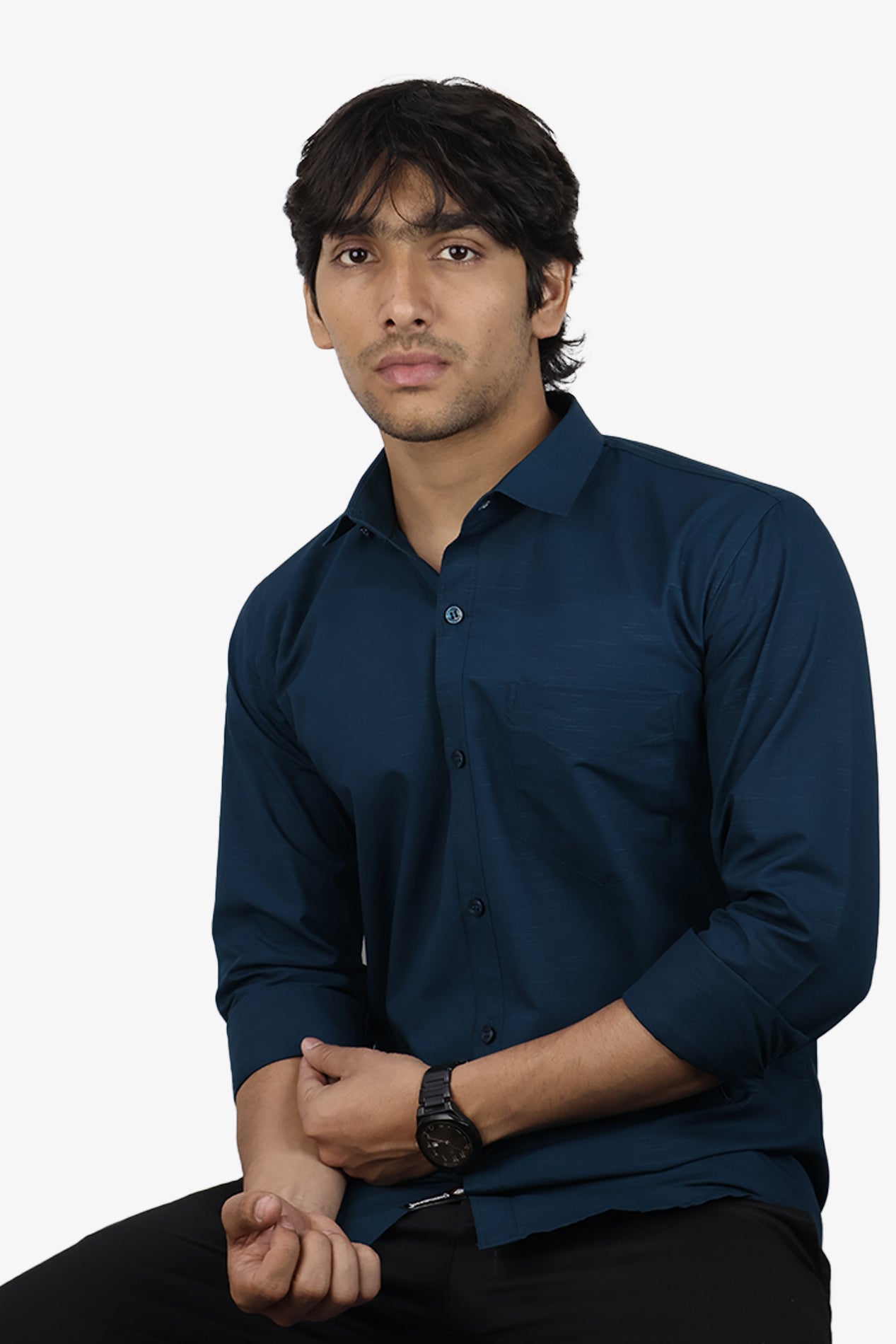 LIN DARK PEACOCK BLUE | SLIM FIT PREMIUM POLO NECK CASUAL SHIRT | ORIGENS