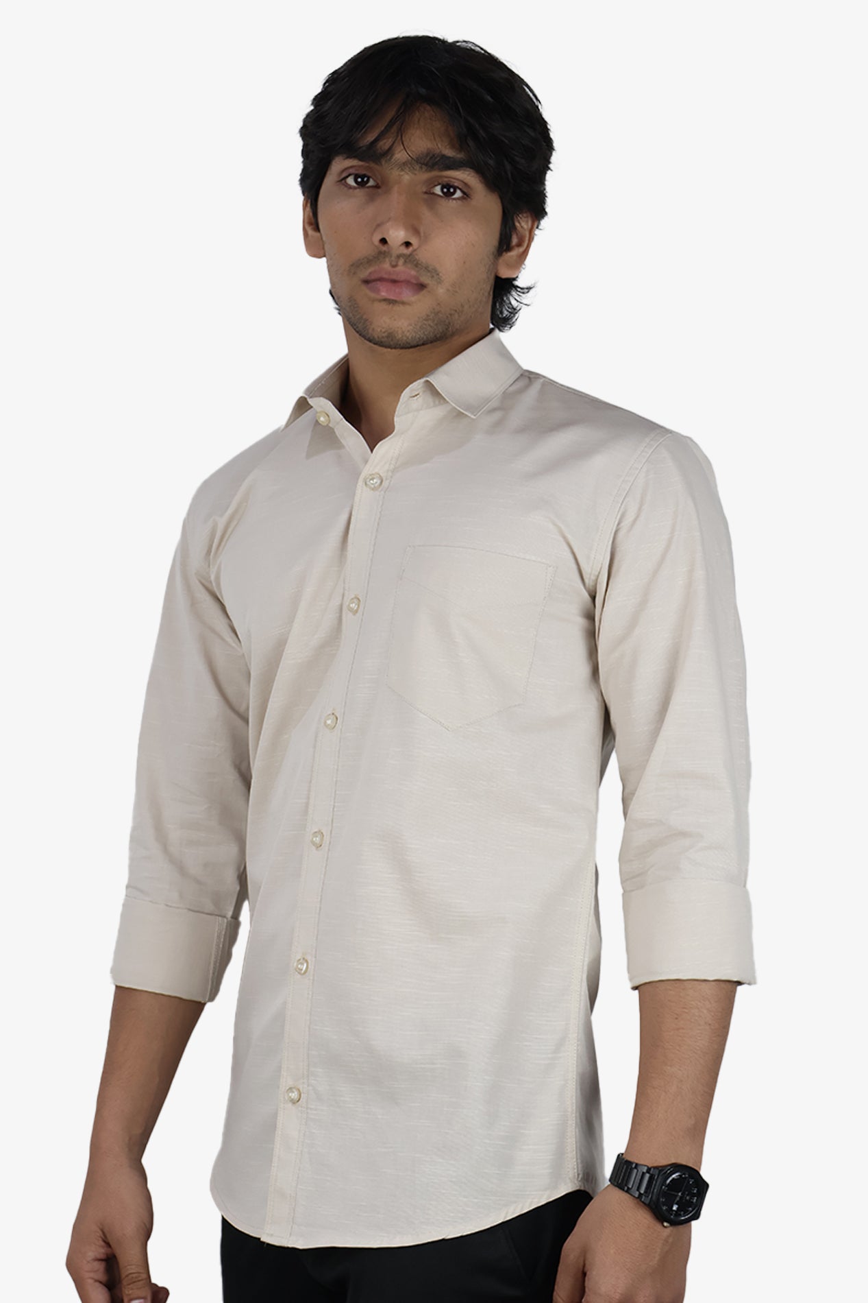 LIN CREAM | SLIM FIT PREMIUM POLO NECK CASUAL SHIRT | ORIGENS