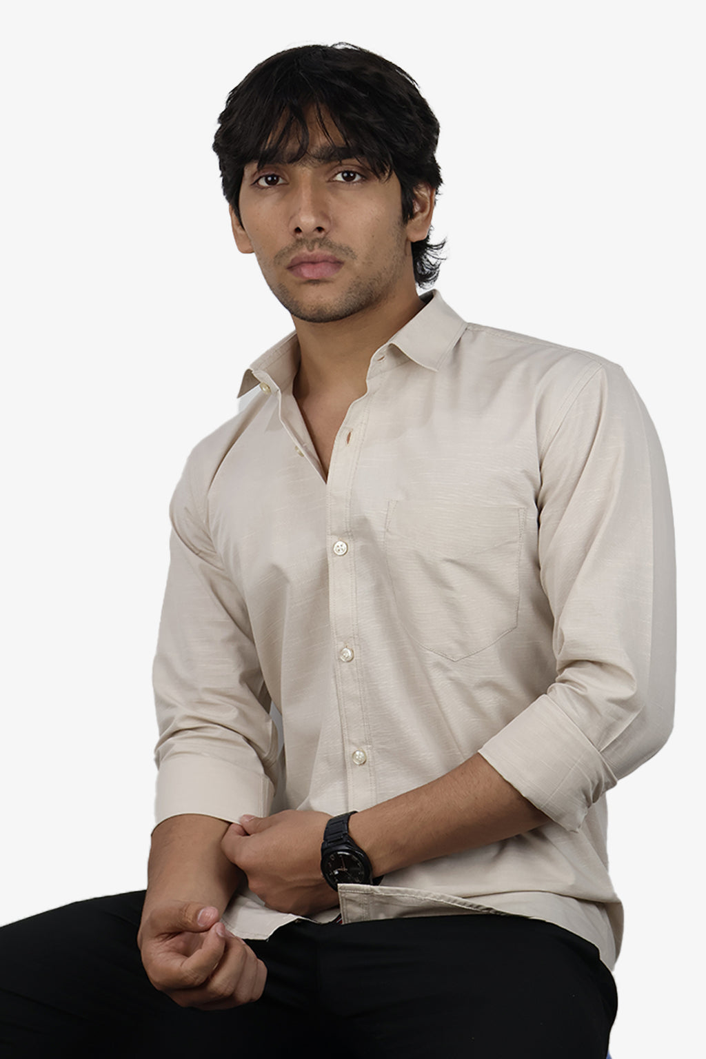 LIN CREAM | SLIM FIT PREMIUM POLO NECK CASUAL SHIRT | ORIGENS