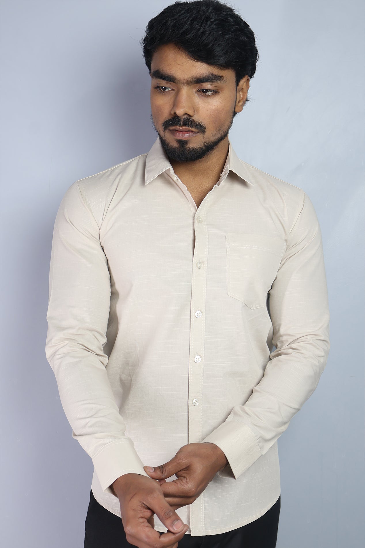 LIN  S CREAM | SLIM FIT PREMIUM POLO NECK CASUAL SHIRT | ORIGENS