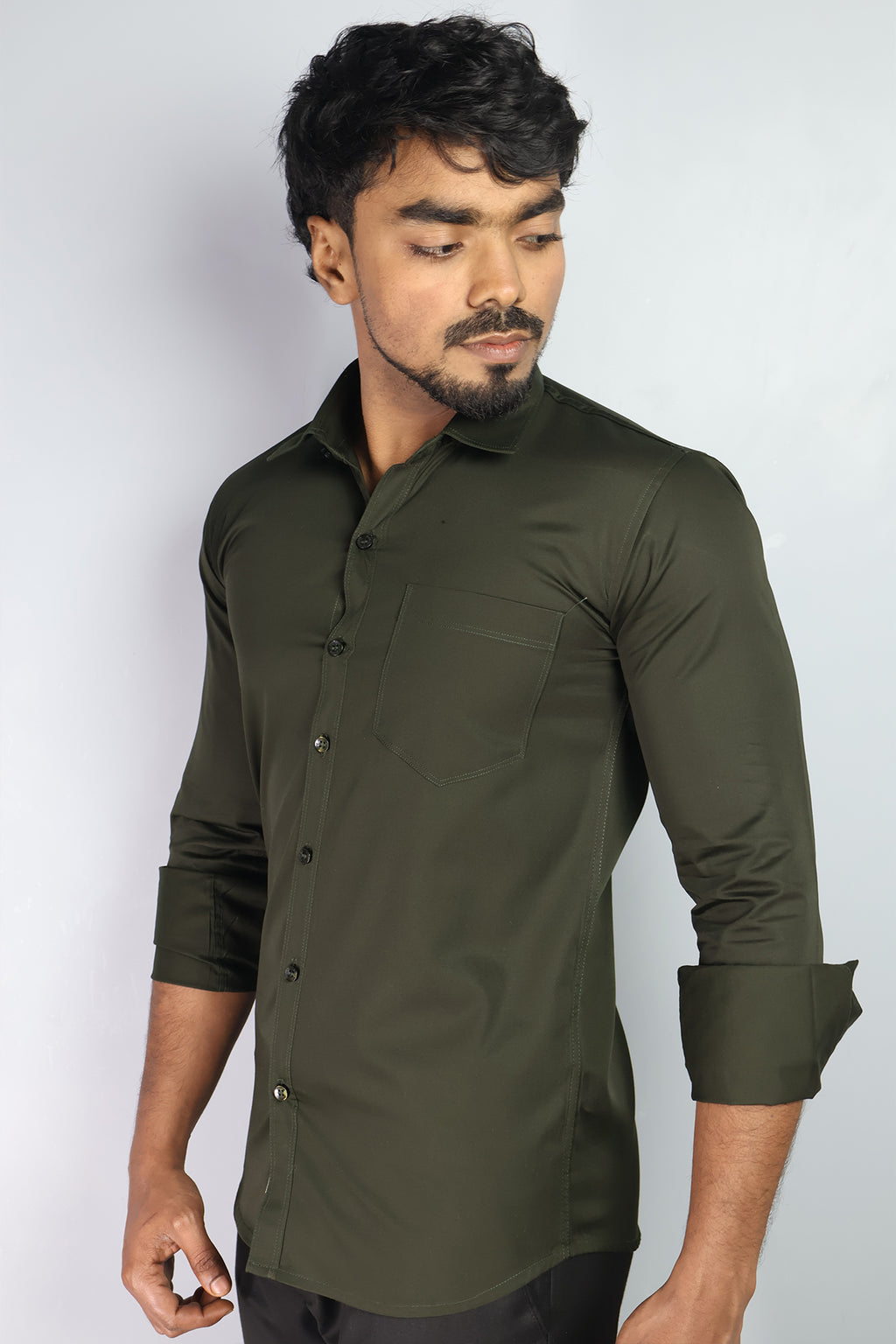 STAN  S MEHANDI GREEN  | SLIM FIT PREMIUM POLO NECK CASUAL SHIRT | ORIGENS