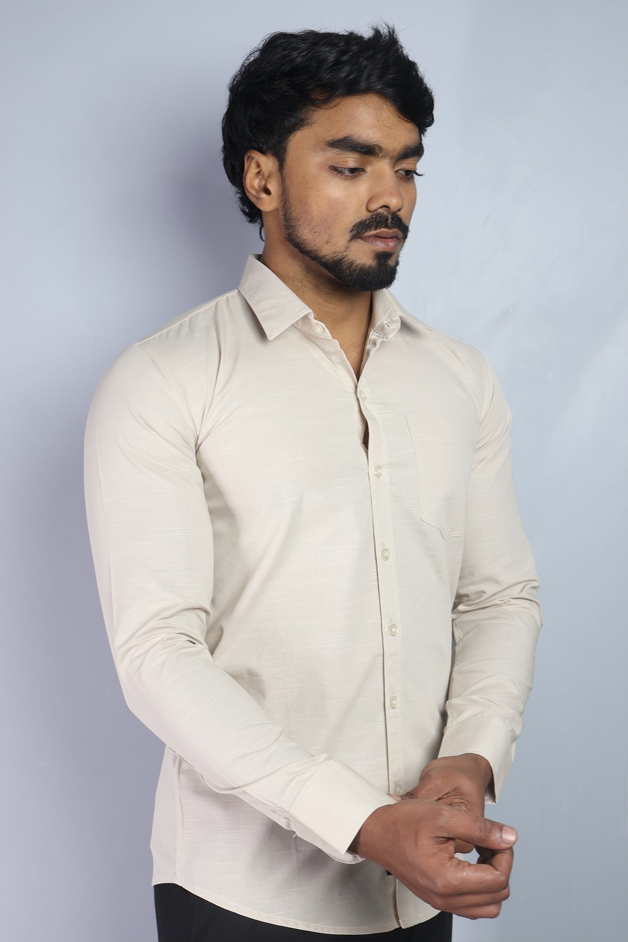 LIN  S CREAM | SLIM FIT PREMIUM POLO NECK CASUAL SHIRT | ORIGENS