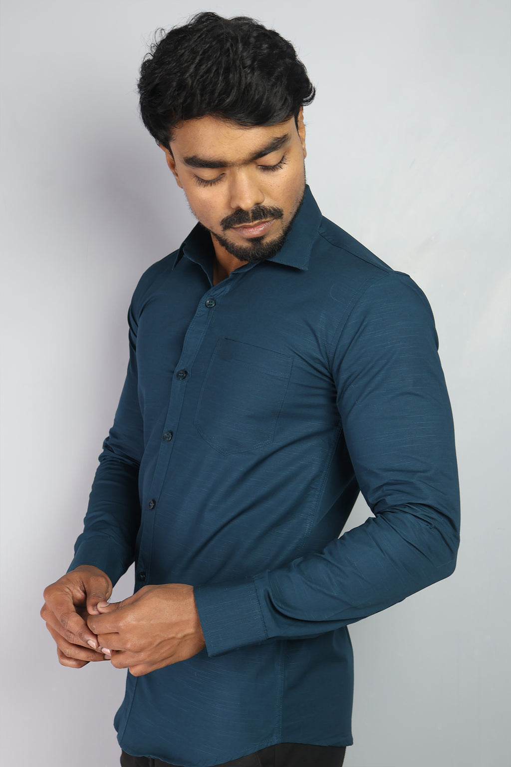 LIN  S DARK PEACOCK BLUE | SLIM FIT PREMIUM POLO NECK CASUAL SHIRT | ORIGENS