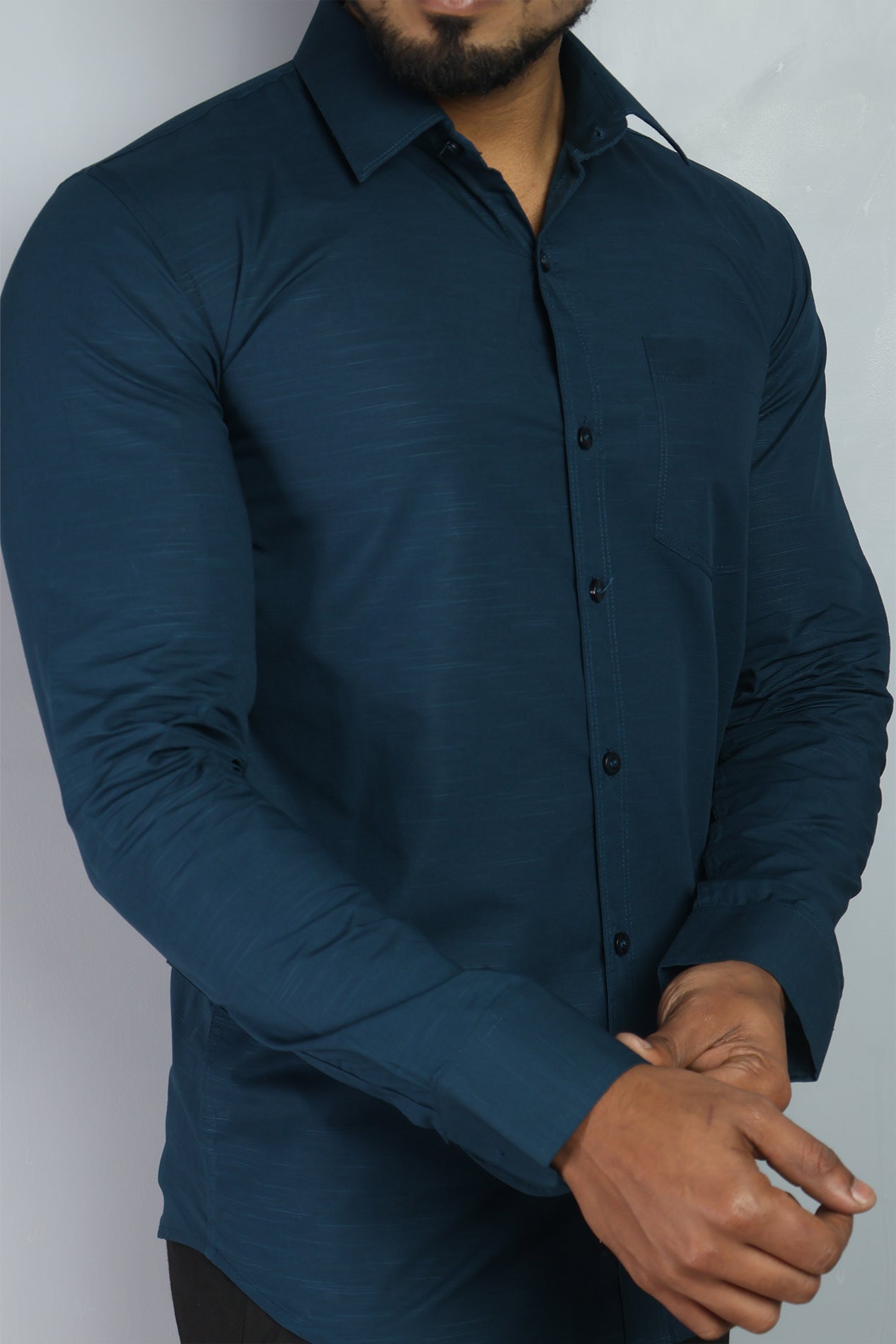 LIN  S DARK PEACOCK BLUE | SLIM FIT PREMIUM POLO NECK CASUAL SHIRT | ORIGENS