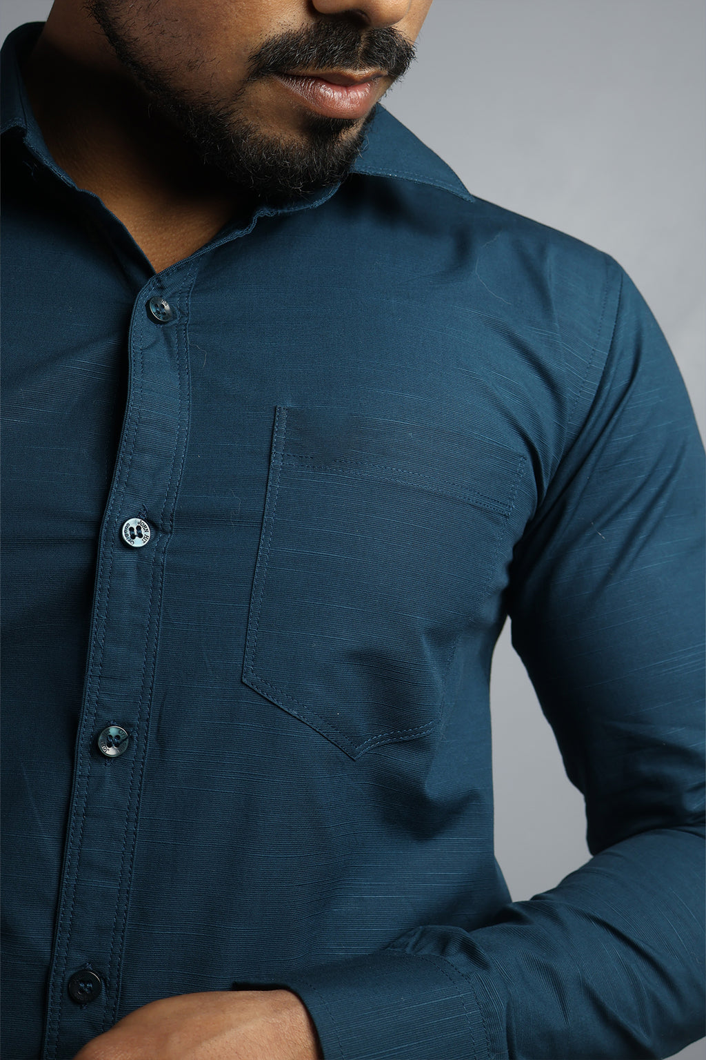 LIN  S DARK PEACOCK BLUE | SLIM FIT PREMIUM POLO NECK CASUAL SHIRT | ORIGENS