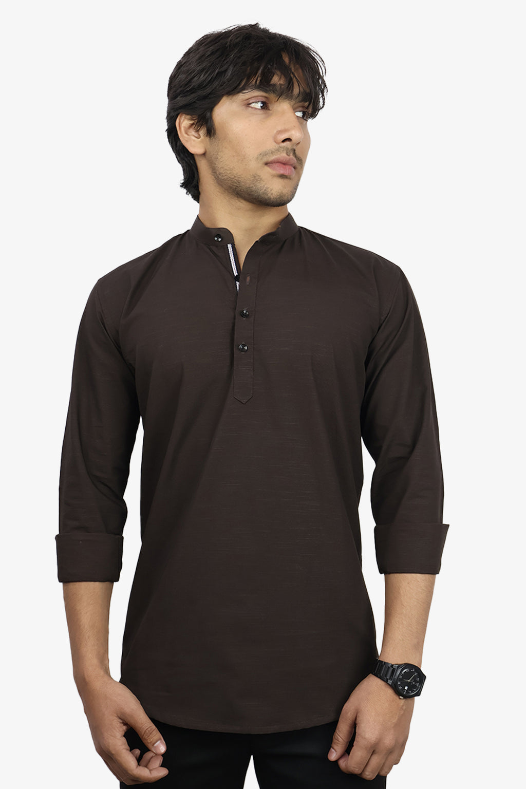 LUKE  S COFFEE BROWN | SLIM FIT PREMIUM MANDARIN COLLAR CASUAL SHIRT | ORIGENS